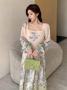 DAZY Robe midi à manches lanternes, col carré et imprimé floral complet pour femmes, volants