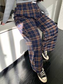 Dazy Plus Plus Size Elastic Waist Drawstring Loose Plaid Casual Pants, Suitable For All Seasons Fall