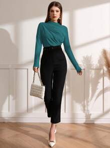 Modelyn Mock Neck Ruched Tee - Dark Green - View 4