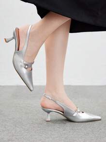 CUCCOO BIZCHIC Women's Pointed Toe Cut-Out Double Strap Buckle Stiletto Heels, Faux Leather Silver Mid-Heel Pumps For Work, Office, Formal Occasions For Christmas And New Year Holiday Vibe Fall And Winter - Silver - View 5