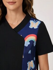 TaskEZ Solid Color Splicing V-Neck Short Sleeve Casual Scrub Uniform Top Nurse Dresses Scrub Tops Scrub Bottoms Lab Coats Scrub Outwear Running Nurse & Uniform Scrubs Handwashing Pocketed Breathable