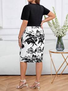 SHEIN Clasi Robe fleurie bi-matière ajustée grande taille - Noir et Blanc - Voir 2