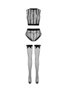 Set de 4 piezas de ropa interior sexy para mujer: Mono sin costuras con recortes, liguero, medias