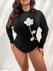 SHEIN Privé Plus Size Women Elegant Floral 3D Decor Long Sleeve Bodysuit, Stretchy & Comfortable For Casual/Commute, Autumn/Winter - Black - View 1