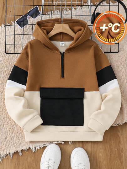 SHEIN 4件装/青少年男童休闲撞色拼接连帽套头衫半拉链长袖针织卫衣，黑白配色，适合上学、花园、海滩、生日等场合，四季皆宜，秋冬季均可穿着。