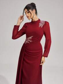 Coutiva 舞会礼服，优雅珍珠袖口长袖优雅正式长袖新年礼服，晚间伴娘礼服，婚礼宾客礼服，派对礼服 - 酒紅色 - 查看 5
