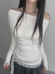 DAZY Camiseta blanca de manga larga con cuello redondo, detalles de encaje con contraste y lazo, para primavera/verano