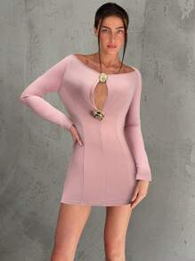 Aloruh Autumn/Winter New Metal Buckle Decor Sexy Hollow Out Boat Neck Mini Dress - Dusty Pink - View 6