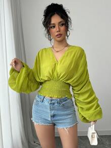 Chiquease 半透明褶皱面料纯色长袖V领荷叶边灯笼袖优雅性感衬衫，适合春、夏、秋季通勤穿着。 - 綠色 - 查看 1