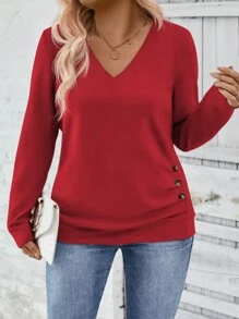 INAWLY Women V-Neck Long Sleeve Side Button Pleated Soft Knitted Casual Pullover, Autumn/Winter Fall Cloth For Women