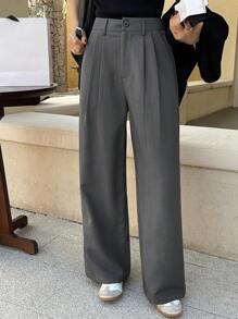 DAZY Women's Solid Color Front Button Pocket Casual Pleated Loose Suit Pants,Women Dress Pants