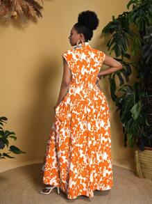 Slaydiva Váy chữ A in họa tiết trơn không co giãn cỡ lớn - trái cam - Xem 2