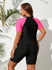 Swim SPRTY Plus Size Women 2pcs Set Ombre Placement Print Color Block Short Sleeve Top And Shorts Sports Bikini Tank Suit Summer - Black - View 2