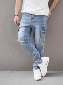Manfinity Homme Quần Jeans Denim Giặt Nước Cho Nam Có Túi Khóa Kéo Bên Trong, Quần Cargo Dài Ôm Vừa Đơn Giản Màu Xanh Nhạt, Dành Cho Chồng, Quà Tặng Bạn Trai - Màu xanh lam - Xem 7