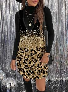SHEIN LUNE Women Casual Simple Style Mini Dress With Glitter Leopard Print, Suitable For Autumn/Winter