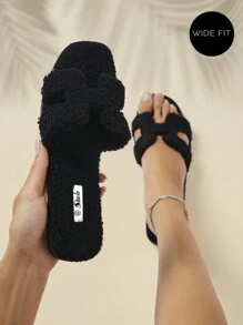 SHUZIA 宽版女式柔软舒适温暖毛绒奢华风格镂空露趾羊毛黑色拖鞋 - 加大码，舒适宽幅夏季鞋春季鞋春假复活节母亲节礼物 - 黑色 - 查看 5