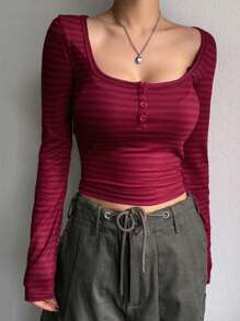 DAZY Áo thun nữ tay dài ôm vừa vặn, kẻ sọc, dáng ôm, thường ngày, áo crop top, quần áo mùa thu, áo phông kiểu học sinh - Đỏ - Xem 2