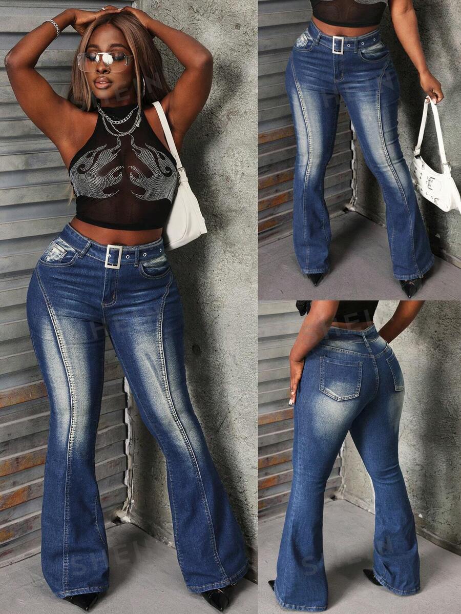 SHEIN Slayr Jeans ajustados y acampanados estilo vintage y desgastado para mujer
