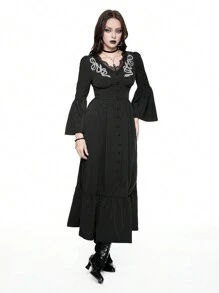 ROMWE Goth Vestido de mujer con cuello en V, con recorte de encaje en contraste, bordado de patrón de piel de serpiente y mangas acampanadas