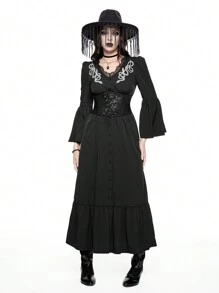 ROMWE Goth Vestido de mujer con cuello en V, con recorte de encaje en contraste, bordado de patrón de piel de serpiente y mangas acampanadas