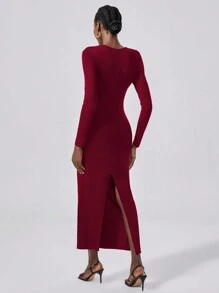 Lumivelle 女士金属装饰优雅针织紧身长裙、派对和晚装、秋冬 - 酒紅色 - 查看 2