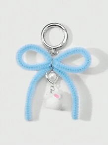 ROMWE Kawaii 2pcs Ins Style Cute & Delicate Fashion Highly Attractive Pink + Blue Flocked Twist Bow Bunny Pendant Keychain & Keyring, Combo Set Suitable For Sisters, BFFs, Couples, Friends, Daily Wear, Holiday Gift