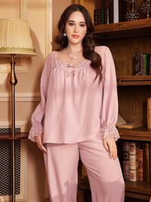PalaceNights Conjunto de ropa de estar en casa de talla grande con encaje, parches, cuello con volantes, lazo decorativo y mangas acampanadas