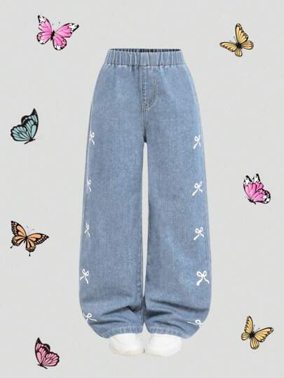 SHEIN Girlism Tween Girl Distressed Denim Jeans With Butterfly Embroidery Print, Straight Leg