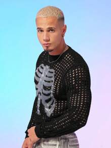 FeverCity Suéter de cuello crew transparente con estampado de esqueleto para hombre