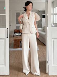 DAZY Women Front Button Short Sleeve Simple Top And Long Pants Suit Business Attire - White - View 6