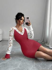 Chiquease Women's Solid Color Splicing V-Neck Long Sleeve Short Knitted Sweater Dress - Red - View 5