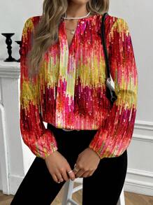 Glamance ORANGE STUDIO Women Burgundy Blouses Long Sleeve Notched Casual All Over Print,Colorblock,Plain Summer Outfits For Women Summer Tops Going Out - Burgundy - View 6