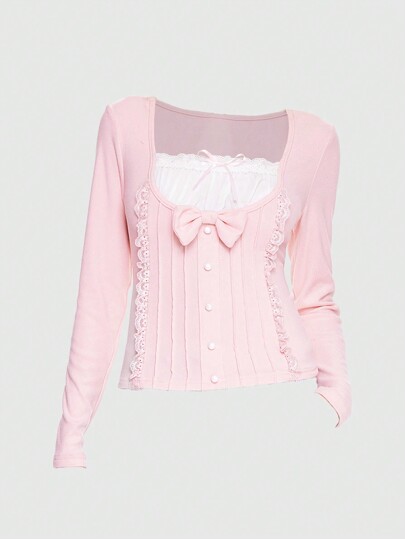 Kawaii Women Himekaji Cute Bow Decorated 2 In 1 Long Sleeve T-Shirt