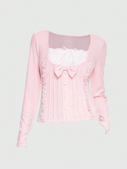 Kawaii Women Himekaji Cute Bow Decorated 2 In 1 Long Sleeve T-Shirt