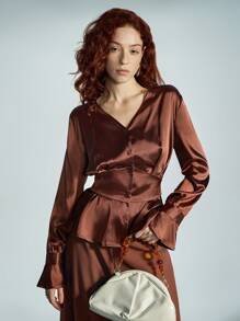 SHEIN Privé V-Neck Button Up Asymmetrical Hem Long Sleeve Blouse For Women, Spring Valentine's Day Fall Cloth For Women - Brown - View 4