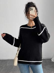 SHEIN Unity 女士宽松圆领长袖针织套头毛衣，适合秋冬季节穿着 - 黑色 - 查看 3