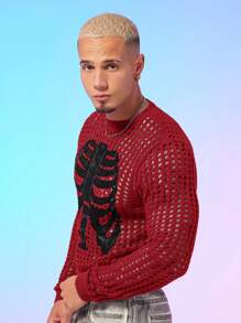 FeverCity Men's Skeleton Print See-Through Crew Neck Sweater, For Fall Winter - Multicolor - View 7