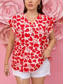 SHEIN LUNE Blusa casual romántica de manga corta con cuello en V y estampado de corazón para mujeres de talla grande en el Día de San Valentín, blusa de cumpleaños para mujer para el verano