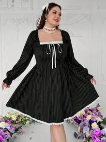 Flirla Plus Size Women Crew Neck Puff Sleeve Ruffle Hem Elegant Party Dress,Valentine Fall Cloth For Women - Black - View 5