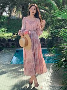 DAZY Women Elegant Floral Chiffon Mid-Length Dress, Spring/Summer Vacation Outfits Women Boho - Pink - View 5