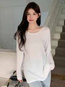 DAZY Camiseta casual de manga larga y cuello redondo de unicolor para mujer, ropa de mujer para primavera/verano, Día de San Valentín - Blanco - Ver 4