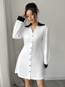 SHEIN Essnce 春夏女士衬衫裙通勤撞色A字下摆迷你短裙白色百搭连衣裙度假装女士 - 白色 - 查看 3