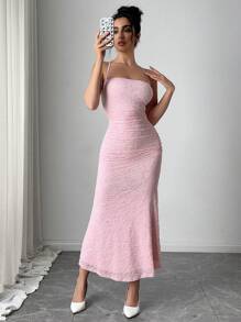 Firerie 节日新款优雅浪漫粉色植绒花卉吊带背心褶饰美人鱼长裙 - 粉色 - 查看 7