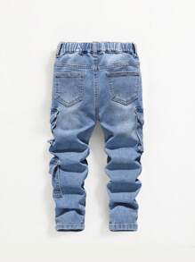 Cozy Pixies Young Boy Fashionable Distressed High Stretch Slim Fit Blue Jeans With Cargo Pocket,Leisure And Versatile For Kids Fall/Winter Outdoor Wear - Dark Wash - View 2