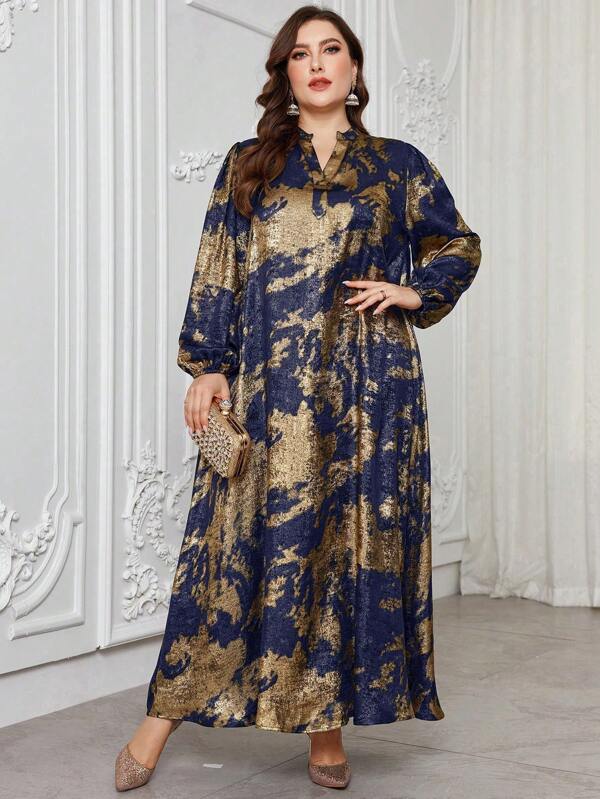Al Najma Plus Size Hot Stamping Print Long Sleeve Dress, Casual Modest Maxi Dresses, For Evening Party/Wedding Guest/Anniversary