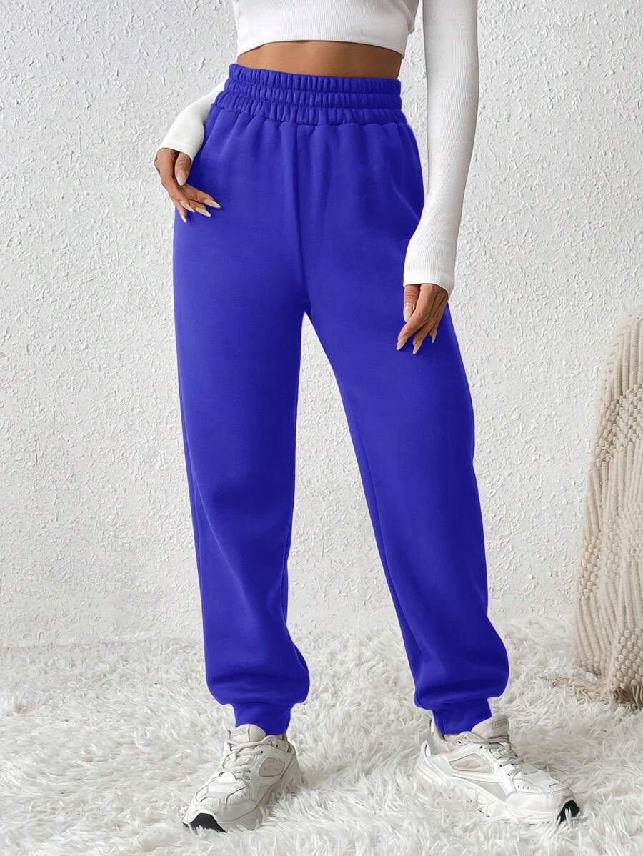 SHEIN PETITE Solid Elastic Waist Spring Sweatpants - Royal Blue - View 1