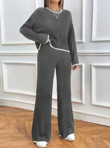 SHEIN PETITE 2pcs Women Colorblock Trim Round Neck Long Sleeve Top And Pants Set - Grey - View 4