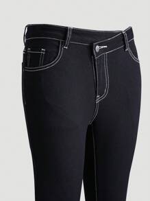 SHEIN Teen Girl New Black Contrast Stitching Flare Jeans - Black - View 4