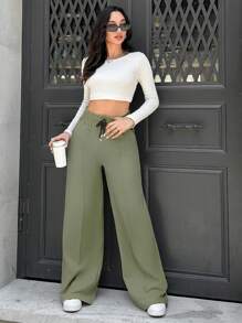 Cottnline Cotton Tall Drawstring Waist Wide Leg Pants - Army Green - View 3