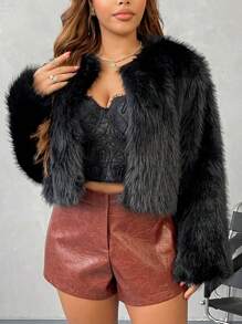 SHEIN Privé 秋冬大码女式仿毛无领夹克